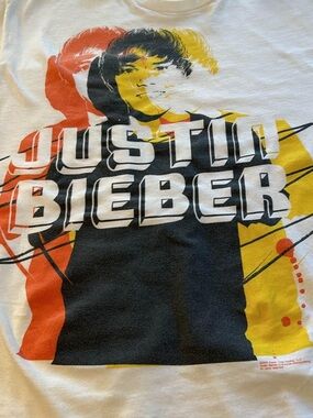 Justin Bieber White Tee with Black, Red, Yellow Graphic